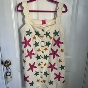 NEW QUEEN OF SPARKLES Starfish Embellished Mini Dress Cream, Pink, Green, Gold